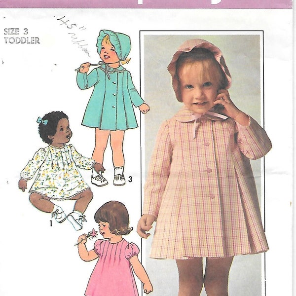 1970s Simplicity 7945 Toddlers Dress with Puffed Sleeves Coat and Bonnet Vintage Sewing Pattern Size 3 Chest 22