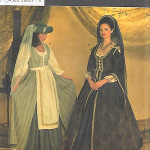 May include: Simplicity Costumes pattern 7756, size D 4, 6, 8. The envelope displays two historical-style gowns: one in green and cream with a matching headpiece and veil, and another in dark blue and gold with a long dark veil.