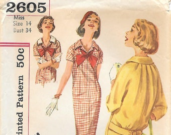 1950s Simplicity 2605 Chemise Dress with Blouson Back Vintage Sewing Pattern Size 14 Bust 34 UNCUT