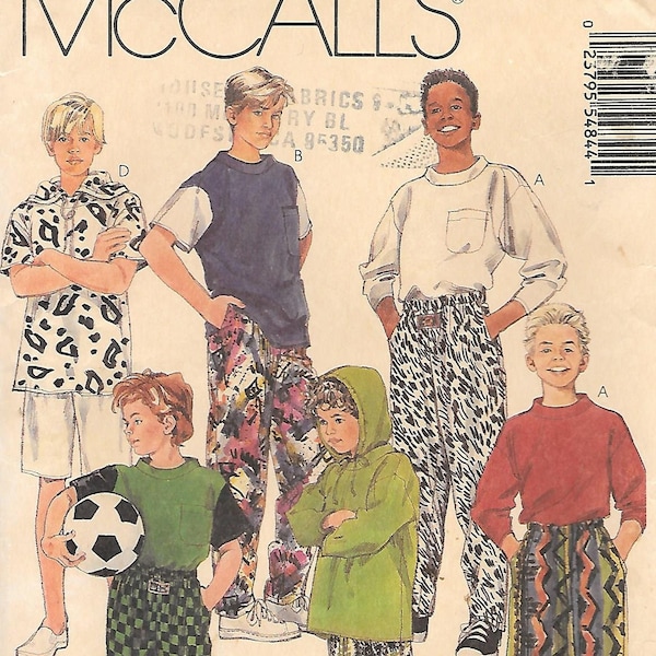 Close Out/ BOGO 1990s McCalls 5484 Boys Loose Fitting Pants or Shorts and T Shirts with Hood Vintage Sewing Pattern Size 10 to 14