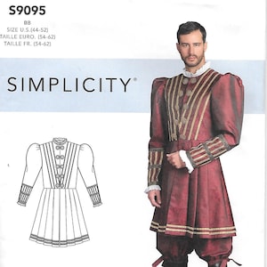 May include: Simplicity costume pattern S9095 featuring a Renaissance-style outfit. The pattern includes a long-sleeved tunic, breeches, and a detailed illustration of the costume. The model in the image is wearing a burgundy and gold ensemble with black boots.