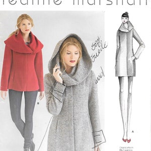May include: Simplicity 1254 sewing pattern by Leanne Marshall for a coat with a large hood and collar. The pattern includes views for a red coat and a grey textured coat, with technical sketches and sizing information for U.S. sizes 4, 6, 8, 10, 12.