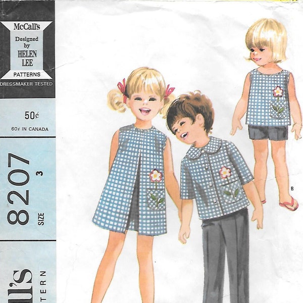 1960s McCalls 8207 Childs Dress Top Pants and Shorts with Flower Applique Vintage Sewing Pattern Size 3 Breast 22 Sleeveless