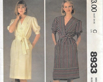 Close Out/ BOGO 1980s McCalls 8933 Lapped Front Pullover Dress with Slim Fit Skirt Vintage Sewing Pattern Size 12 Bust 34 Puffed Sleeves