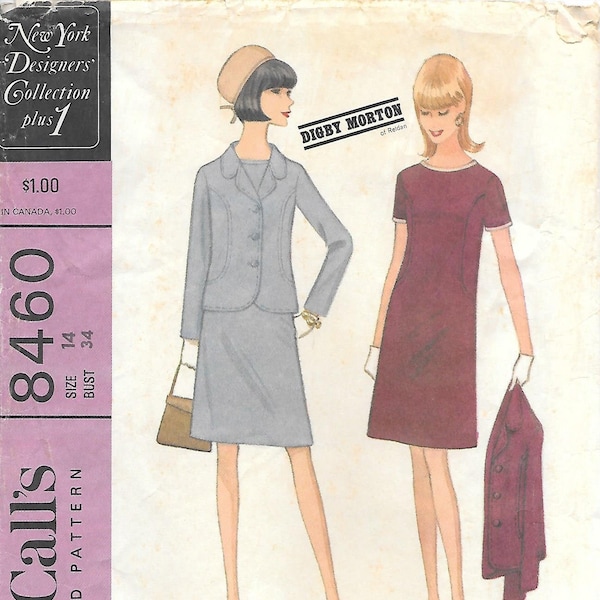 1960s McCalls 8460 Digby Morton Mod Sheath Dress with Jacket Vintage Sewing Pattern Size 14 Bust 34