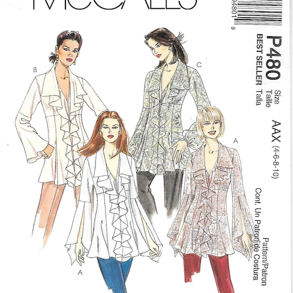 2003 Poets Shirt McCalls P480/ 4147 Sewing Pattern Sizes 4 to 10 Ruffled Blouse with Flared Tunic V-Neckline Boho