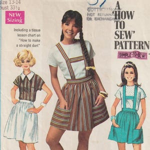 May include: Vintage Simplicity sewing pattern 8065 for young junior/teen sizes 13-14. The pattern includes instructions for making a straight dart and features two mini-length skirt styles. The pattern is simple-to-sew.