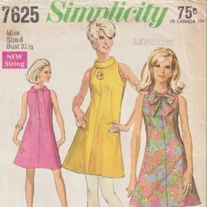 1960年代 シンプリシティ 7625 モッド Aライン ミニドレス カットアウェイショルダー ヴィンテージ縫製パターン サイズ8 バスト31 1/2