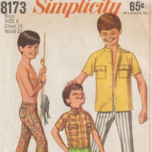 1960s Simplicity 8173 Boys Bell Bottom Pants and Shirt with Stand Up Collar Vintage Sewing Pattern Size 6 Chest 24