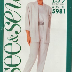 May include: A woman wearing a light gray pantsuit, consisting of a jacket, top, and trousers. The image is from a sewing pattern, with the text "See & Sew" in green, along with the price and size information.
