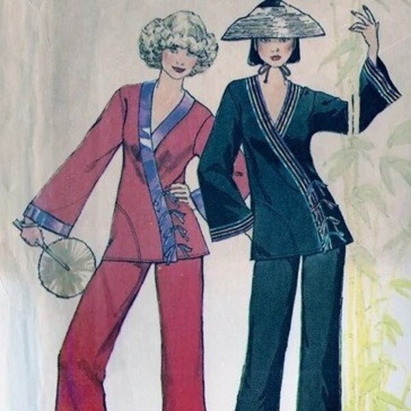 1970s Simplicity 7313 Asian Inspired Wrap Top and Pants Vintage Sewing Pattern Size 12 Bust 34 UNCUT Missing Envelope