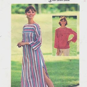 May include: Simplicity pattern 6890 features a long dress and a top. The dress has vertical stripes in pink, white, and blue. The top is red with long sleeves. The pattern is labeled "Jiffy easy cut easy sew".