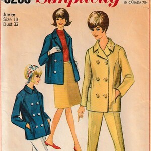 May include: Vintage Simplicity sewing pattern featuring three women's outfits. The outfits include a blue double-breasted jacket, a yellow suit, and a blue jacket with white pants. The text on the pattern reads "6290 Simplicity" and "Junior Size 13 Bust 33".