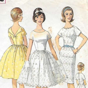Simplicity 4972, ein tailliertes Kleid aus den 1960er Jahren mit ausgestelltem Rock, zweiteiliger Silhouette und V-Ausschnitt am Rücken, Vintage-Schnittmuster, Größe 11 oder 14, Brustumfang 31 oder 34