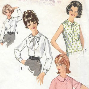 May include: Vintage sewing pattern featuring illustrations of women's blouses. The blouses include a white button-down with a bow, a sleeveless top with a green floral pattern, and a pink short-sleeved shirt. The pattern is from the "Patterns Harris Dept. Store".