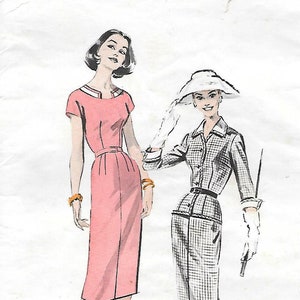 May include: Vintage Butterick printed patterns featuring illustrations of two women in dresses. The pattern includes a pink dress with a belt and a plaid suit with a hat. The bust size is 38, and the size is 18.