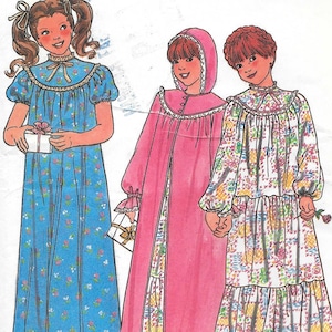 May include: Illustration of three girls in vintage nightgowns and a robe. The nightgowns are blue and floral, and the robe is pink. The girls are holding gifts and a rose. The nightgowns have a ruffled hem and sleeves.