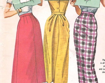 Waist 28-McCalls 4167 1950s Three One-Pattern-Piece Instant Skirts Vintage Sewing Pattern Wiggle Skirt Fitted Rockabilly