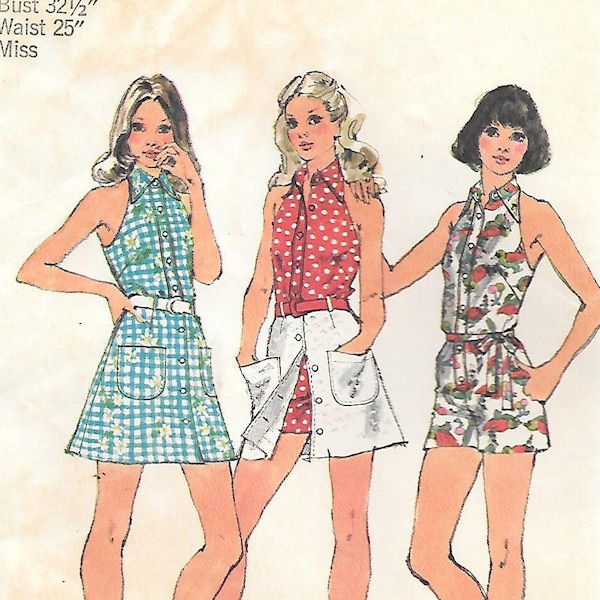 1970s Simplicity 5688 Halter Jump Suit and Mini Skirt Vintage Sewing Pattern Size 10 Bust 32 1/2 Sleeveless Romper Playsuit