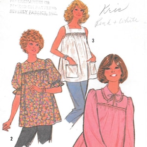 1970s Simplicity 8606 Pullover Maternity Blouses with Ruffles Vintage Sewing Pattern Size 12 Sleeveless Puffed Sleeves