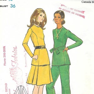 May include: Vintage Butterick sewing pattern, size 14, featuring illustrations of a yellow dress with a black belt and a green pantsuit. The pattern includes various garment styles for Junior Petite & Misses'. Bust size is 36 inches.