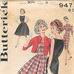 May include: Vintage Butterick sewing pattern featuring illustrations of women in 1960s dresses. The pattern includes a plaid dress with a red jacket, a black dress, and a plaid suit. The bust size is 30.5 inches, and the size is 9.