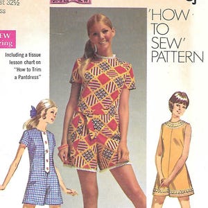 May include: Simplicity pattern 8667 features three mini-length pantdress designs. The pattern includes a tissue lesson chart on how to trim a pantdress. The pattern is for Junior Petites' and Misses' sizes. The main design is a bias printed patchwork fabric.