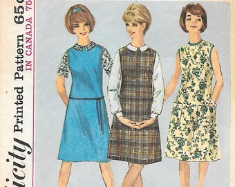 1960s Simplicity 5384 A Line Dress or Jumper and Blouse Vintage Sewing Pattern Size 14 Bust 34 Sleeveless Patch Pockets