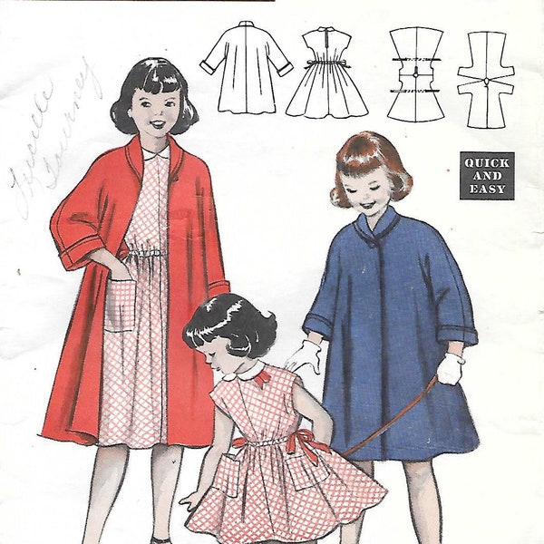 1950s Butterick 6822 Girls Fit and Flare Dress with Coat Vintage Sewing Pattern Size 4 Breast 23