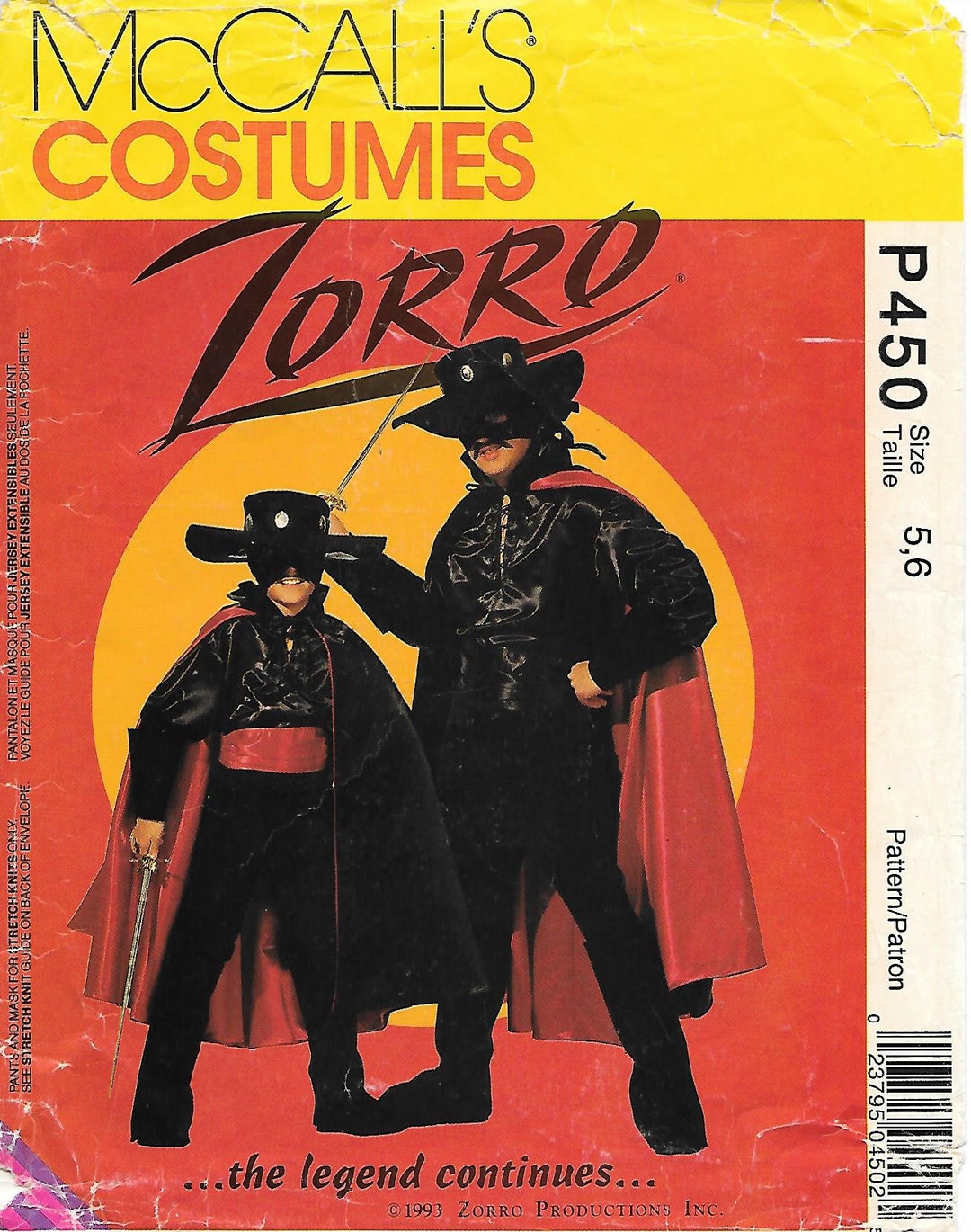 Close Out/ BOGO Zorro Costume Mccalls P450/ 6689 Sewing Pattern