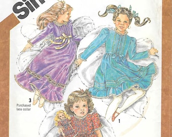 Molde de costura vintage Simplicity 5354 dos anos 80 para vestido com babados para meninas e vestido combinando para boneca. Tamanho 5 (busto 24). Boneca de 15 a 17 polegadas.