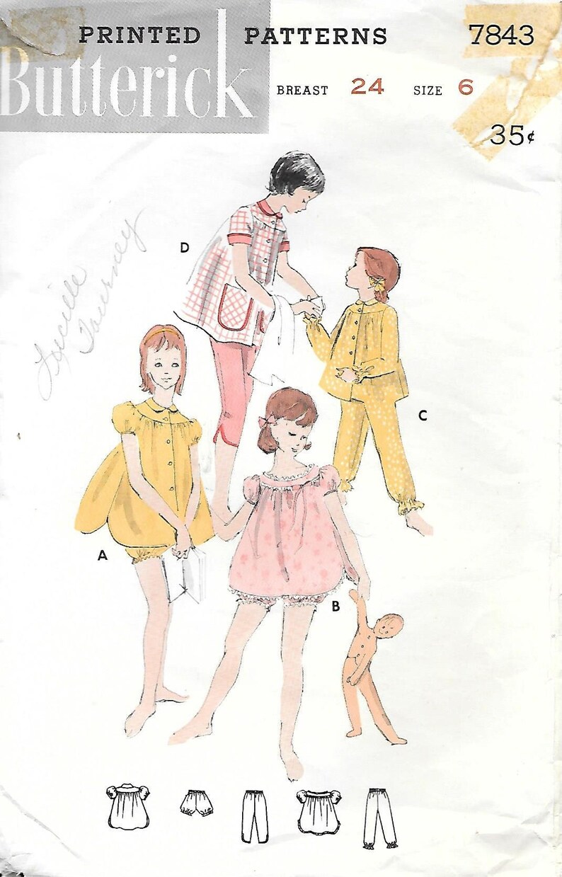 1950s Butterick 7843 Girls Sleepwear and Playsets Vintage Sewing Pattern Size 6 Breast 24 Babydolls image 1