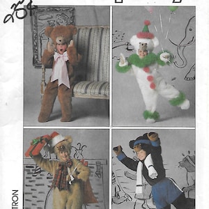 May include: Simplicity sewing pattern 8275 in size MD featuring four bear costume variations: a brown bear with a pink bow, a white bear clown with green ruffs, a tan bear with a Santa hat and plaid scarf, and a black bear with a blue tunic.