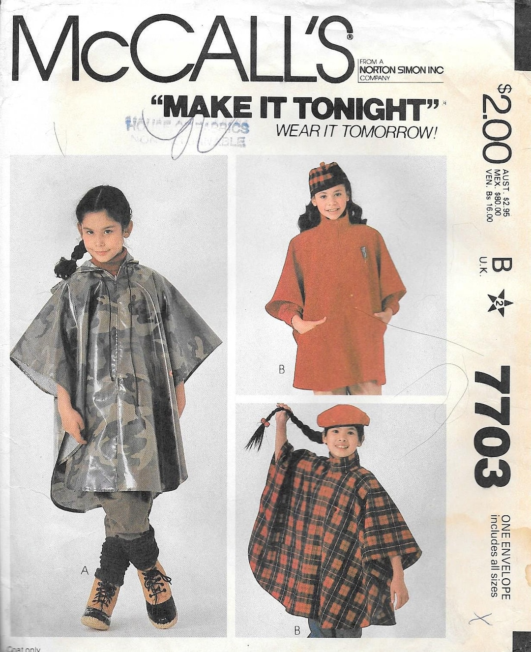 1980s Mccalls 7703 Girls Poncho Vintage Sewing Pattern All Sizes All ...