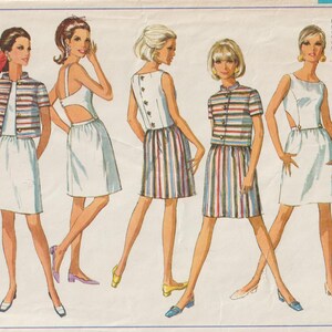 May include: Vintage Simplicity sewing pattern featuring illustrations of women's dresses and separates. The designs include striped tops and skirts, a jacket, and dresses with cut-out details. The pattern is labeled "7593" and includes sizing information.