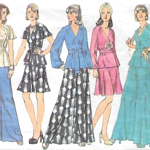 1970s Simplicity 6100 Misses Wrap Top Flared Skirt and Wide Leg Pants Vintage Sewing Pattern Size 14 Bust 36