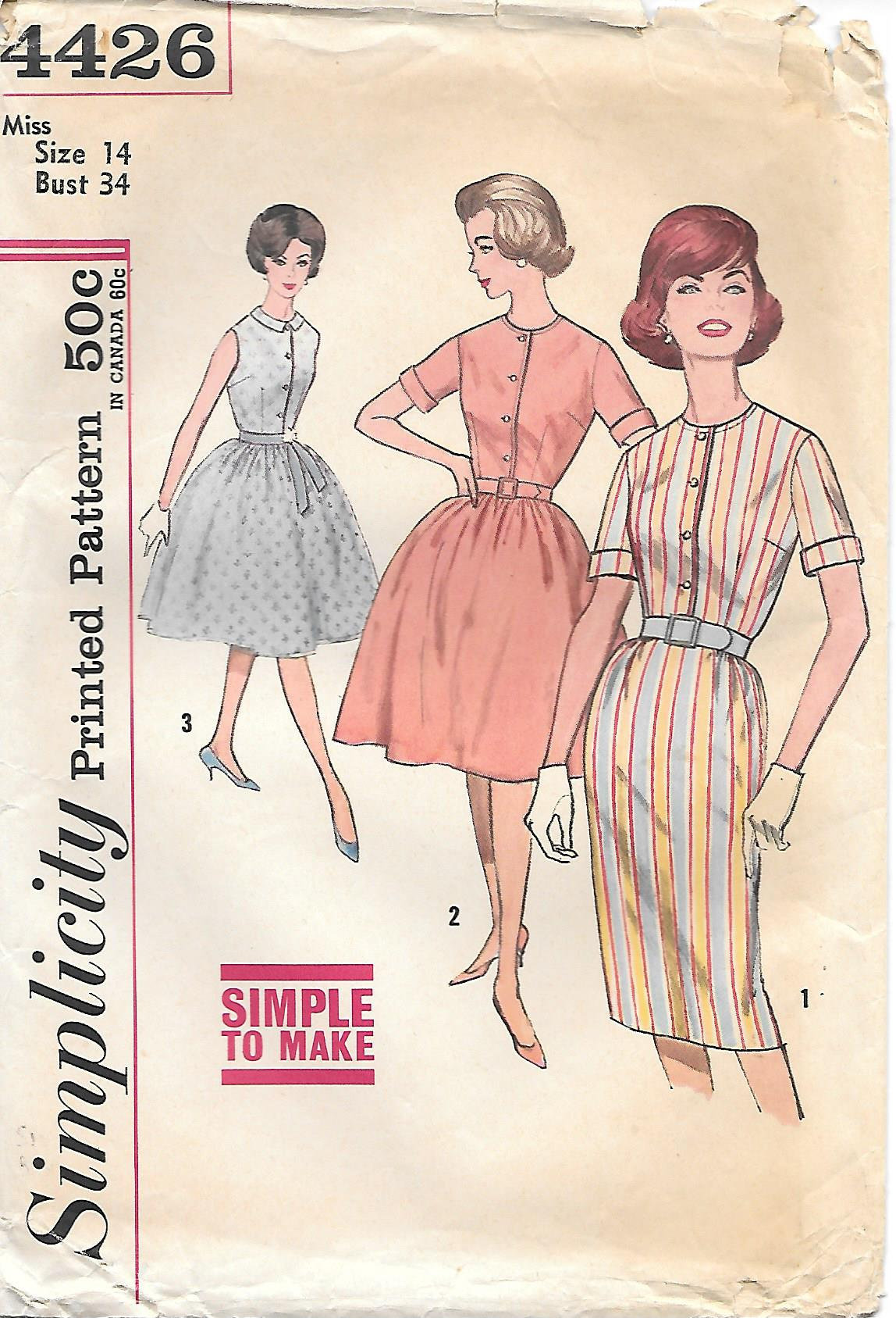 Patrón de costura vintage para vestido camisero clásico con dos