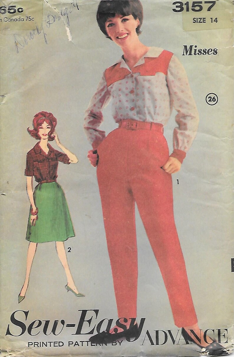 1960s Advance 3157 Rockabilly Pants Skirt and Western Style Blouse Vintage Sewing Pattern Size 14 Bust 34 Contrast Yoke image 1