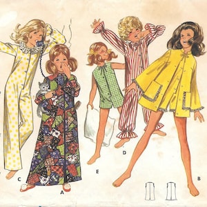 May include: Vintage children's sleepwear sewing pattern featuring various pajama styles. The pattern includes a long-sleeved jumpsuit with yellow polka dots, a patchwork robe, striped pajamas, a green checkered romper, and a yellow cape. Sizes 2-12.