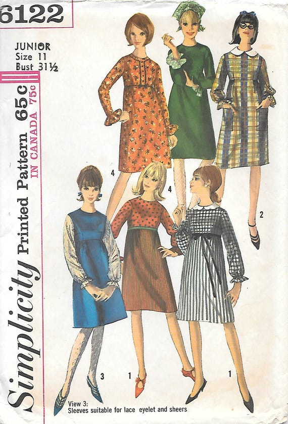 empire waist dress juniors 1960s Simplicity 6122 Junior With Collar Variations Vintage Sewing Pattern Size 9 or 11 MOD SUMWON WOMEN Tank Sleeveless witchy clothing Ideal for casual Fabric:100% Linen casual empire waist dress
