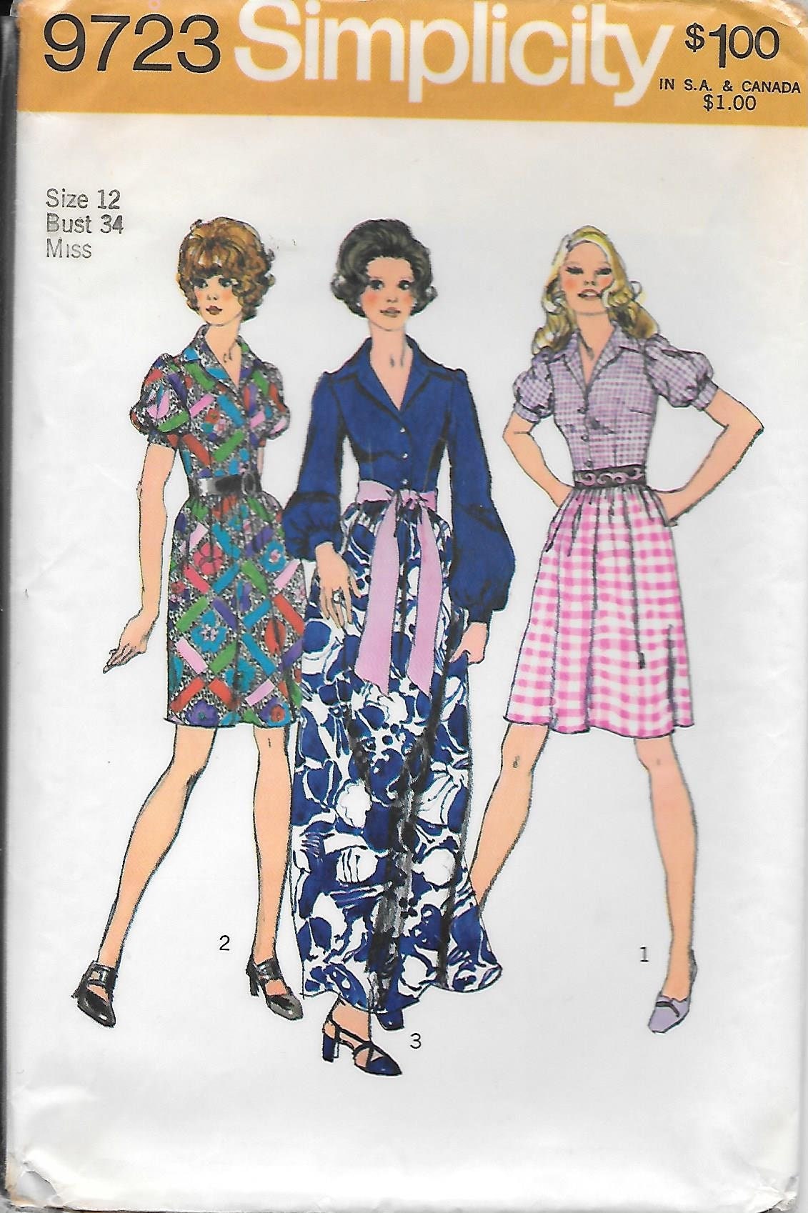 1970s Simplicity 9723 Step-In Shirtdress in Two Lengths with Puffed Sleeves Vintage Sewing Pattern Size 12 Bust 34