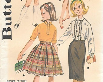 1960s Butterick 9849 Girls Skirts Vintage Sewing Pattern Waist 24 or 25 Pleated Full Slim Fit Skirts