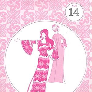 1970s Patterns Pacifica 3014 Long Fitted Dress with Side Slit and Flared Sleeve Vintage Sewing Pattern Size 14 Muumuu Hawaiian Tiki