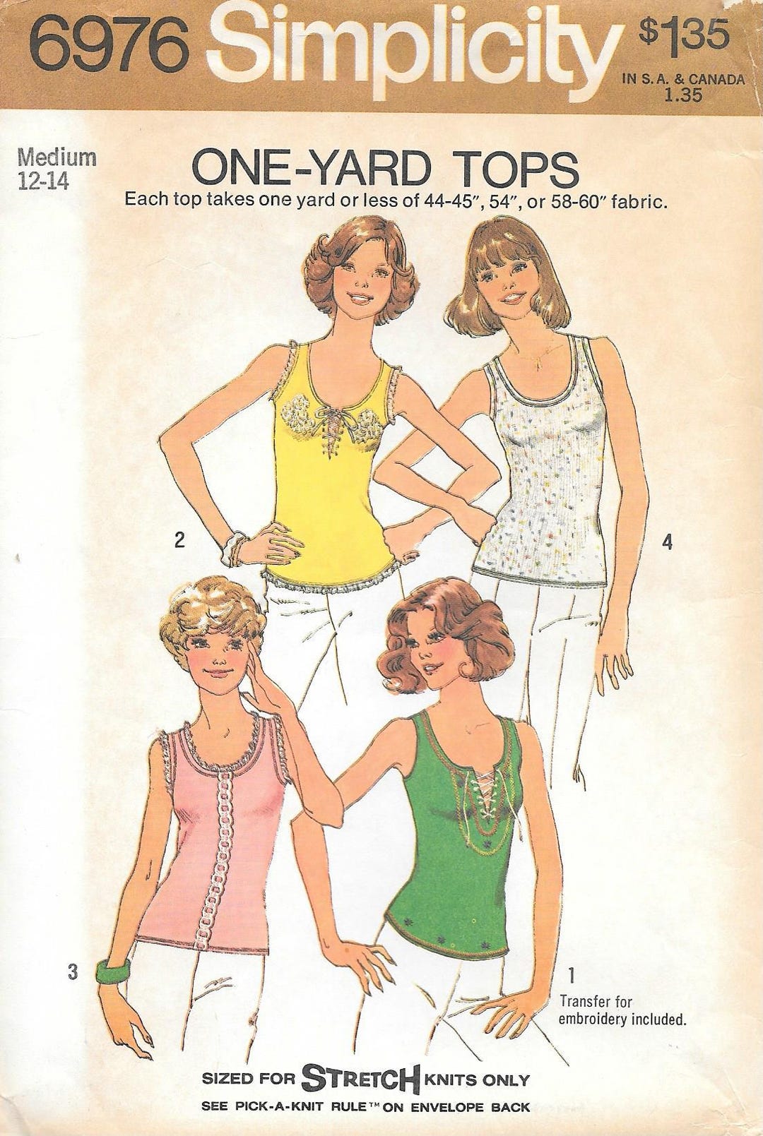 1970s Simplicity 6976 One-yard Tank Tops Vintage Sewing Pattern Sizes ...