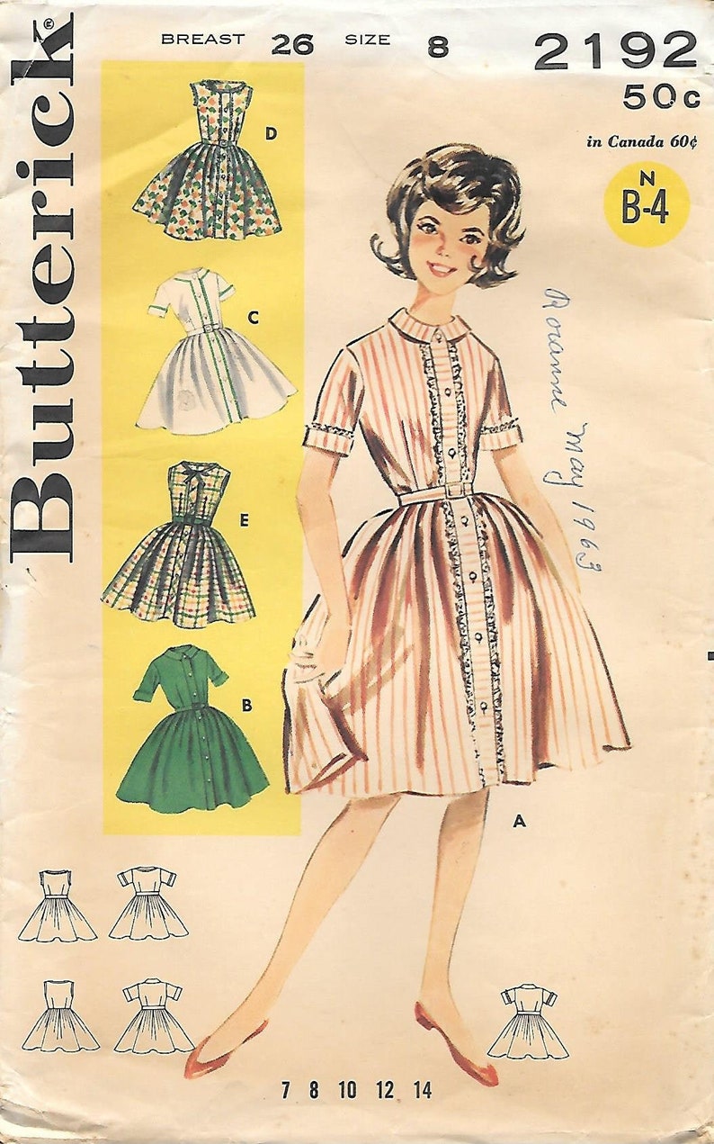 1960s Butterick 2192 Girls Shirtwaist Fit and Flare Dress Wardrobe Vintage Sewing Pattern Size 8 Breast 26 Full Skirt Sleeveless image 1