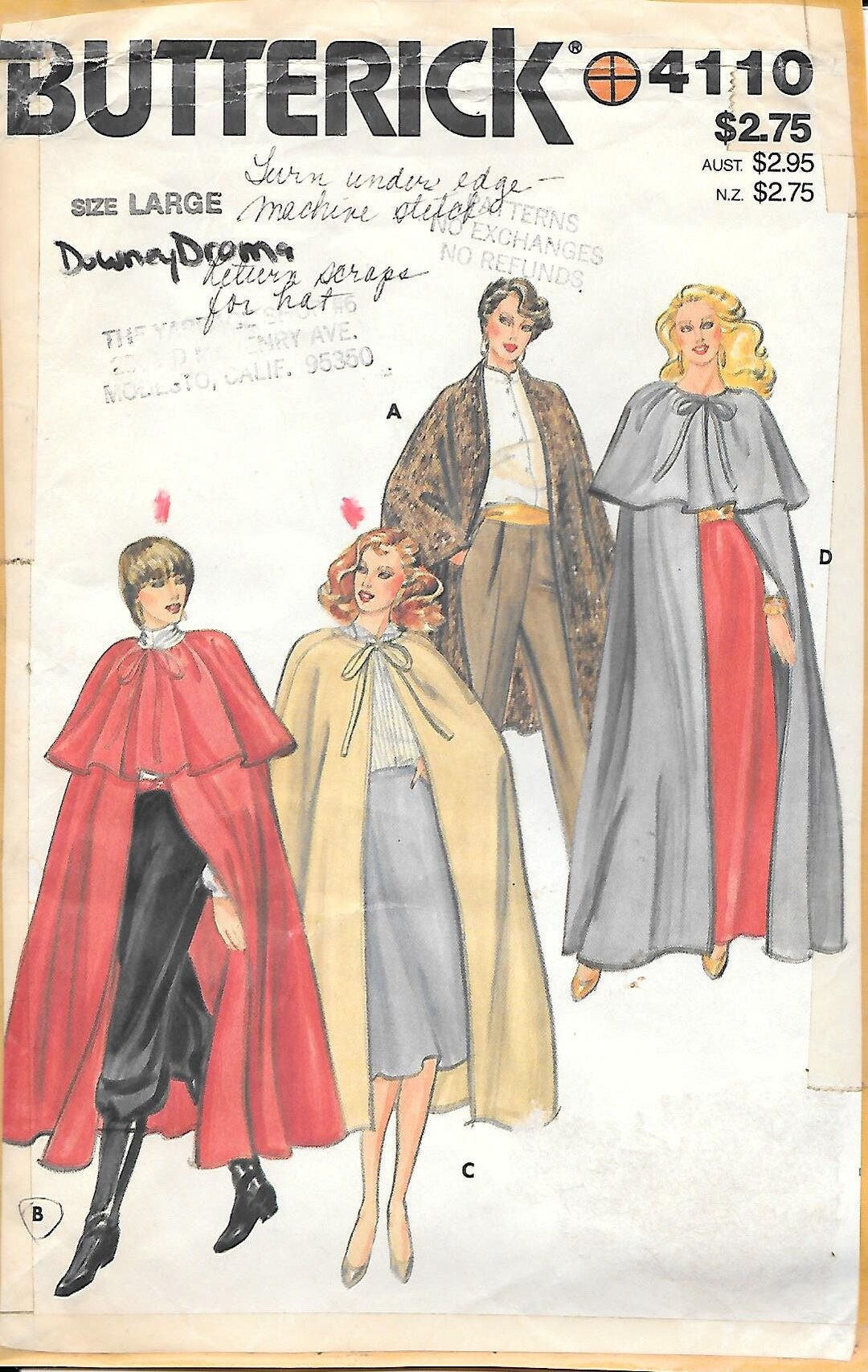 1980s Butterick 4110 Misses Full Length Cape Poncho Vintage Sewing ...