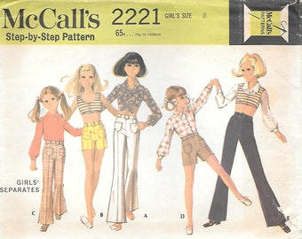 1960s McCalls 2221 Girls Bell Bottom Pants Shorts Shirt and Crop Top Vintage Sewing Pattern Size 8 Tweens Pants