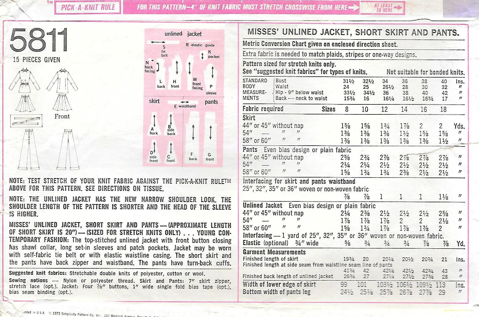 1970s Simplicity 5811 Misses Shawl Collar Jacket With Flared Skirt or ...