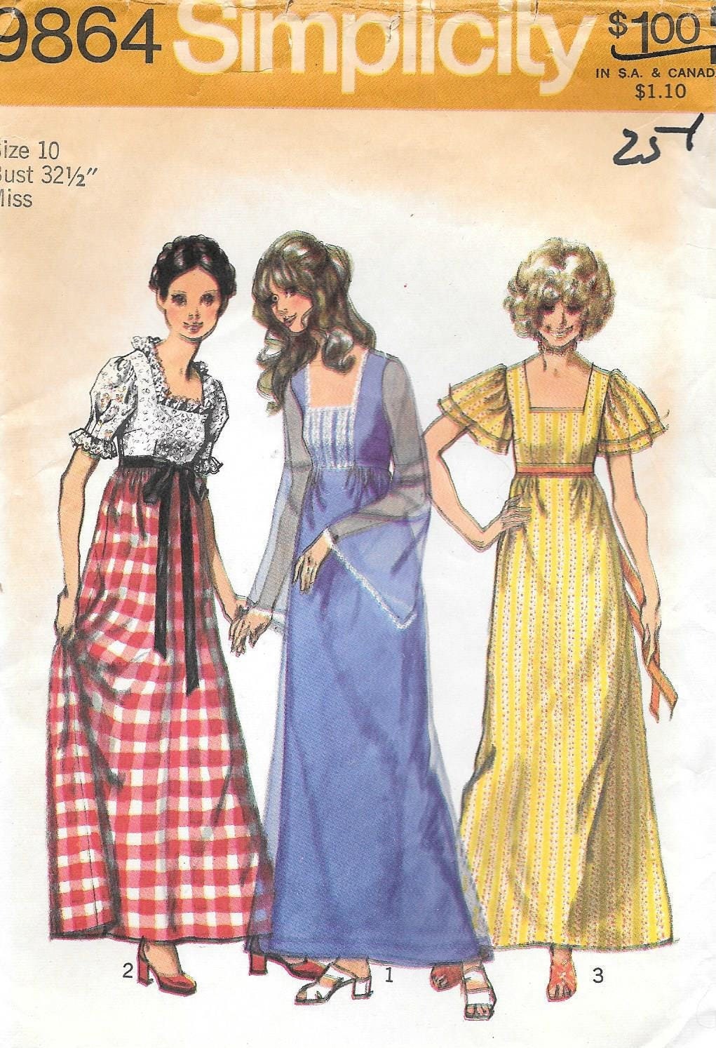 1970s Simplicity 9864 Juliet Style High Waisted Maxi Dress Vintage