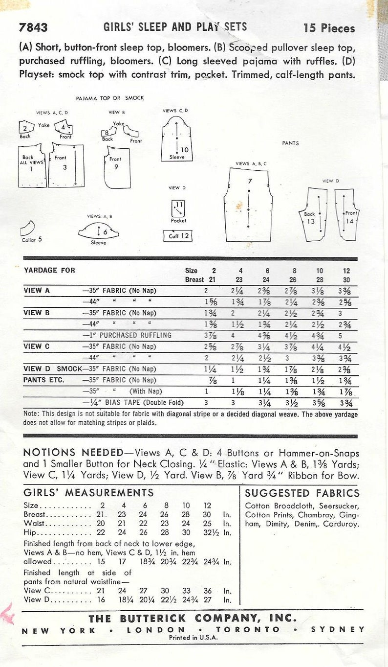 1950s Butterick 7843 Girls Sleepwear and Playsets Vintage Sewing Pattern Size 6 Breast 24 Babydolls image 2